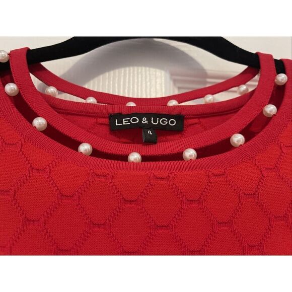 Leo & UGO Women RED Pullover Sweater With Pearl Neck And Sleeve Size 4 Holiday - Picture 3 of 5